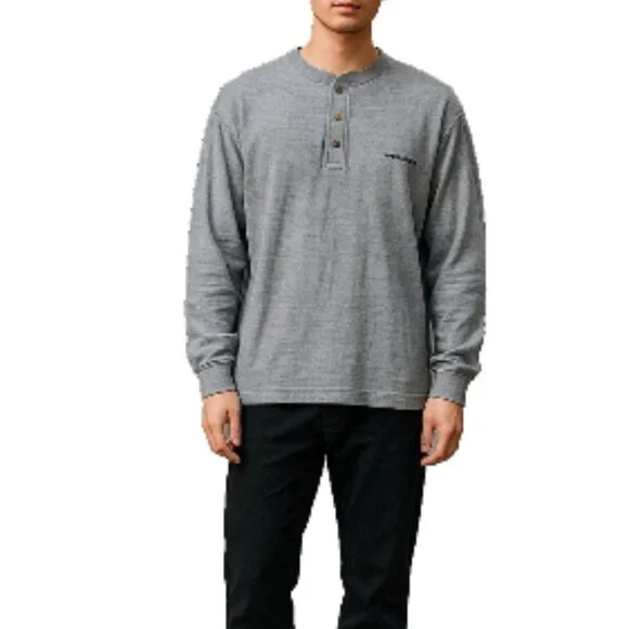 Men’s Henley Long Sleeve Pullover XL Gray 3-Button Hi-Low Hem Long Length Shirt - Picture 5 of 14